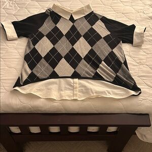 New York and Company Stylish Black and White Argyle Twofer Sweater Shirt